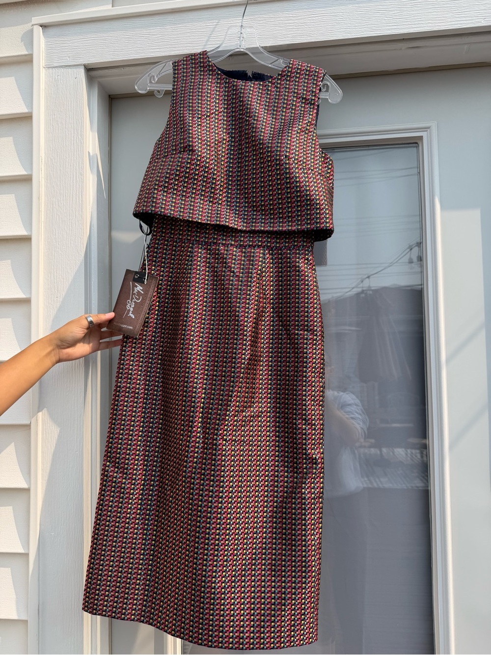 Mac Duggal Burgundy Patterned Sleeveless Midi Dress Set
